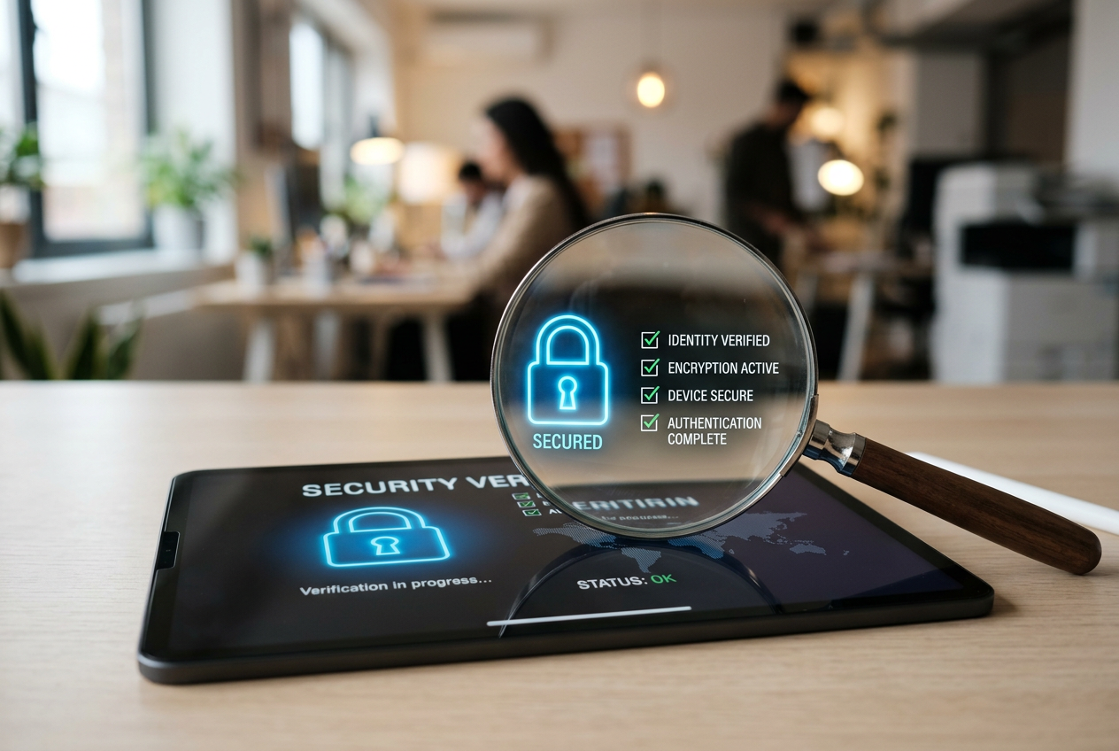 A magnifying glass focusing on a digital security padlock and checklist on a tablet screen.
