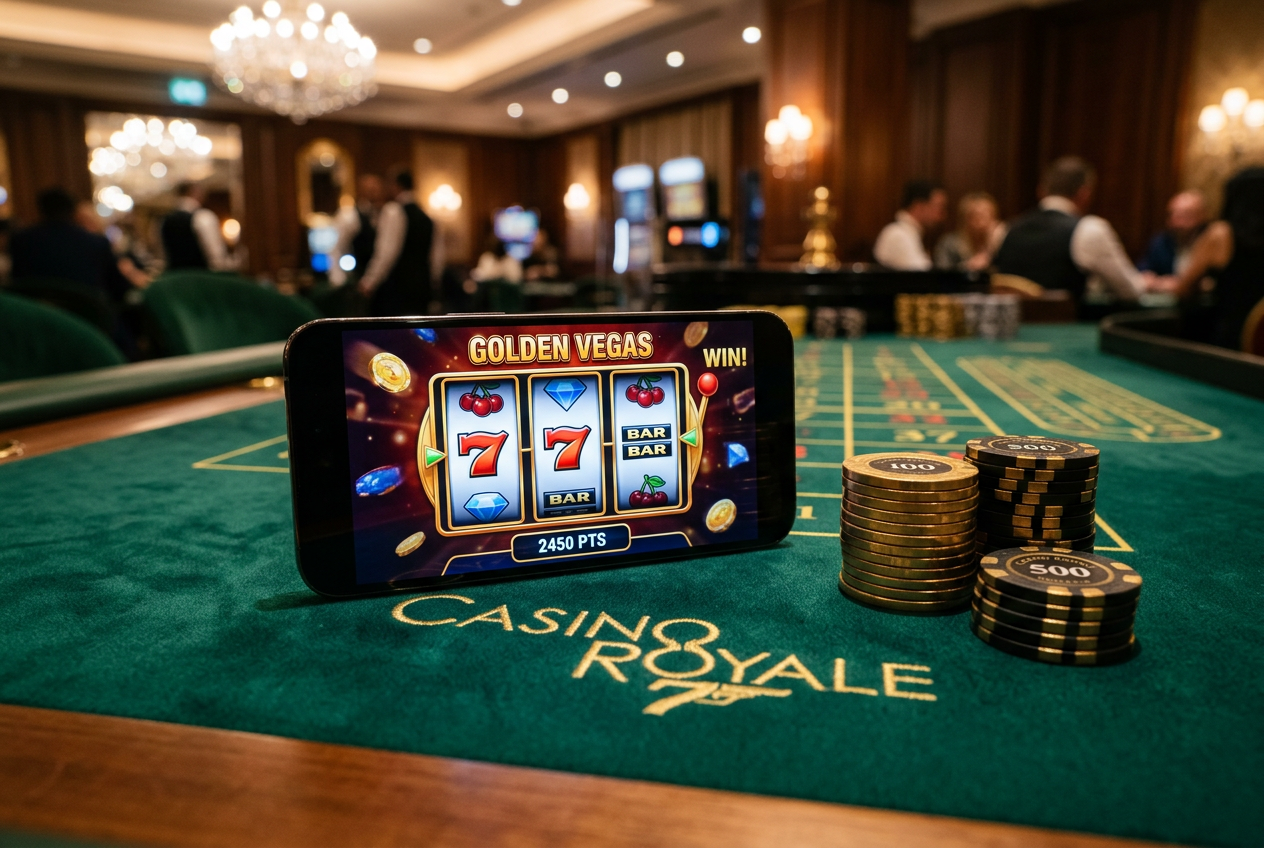 Modern high-end smartphone showing a casino app interface next to golden chips on a green felt table.