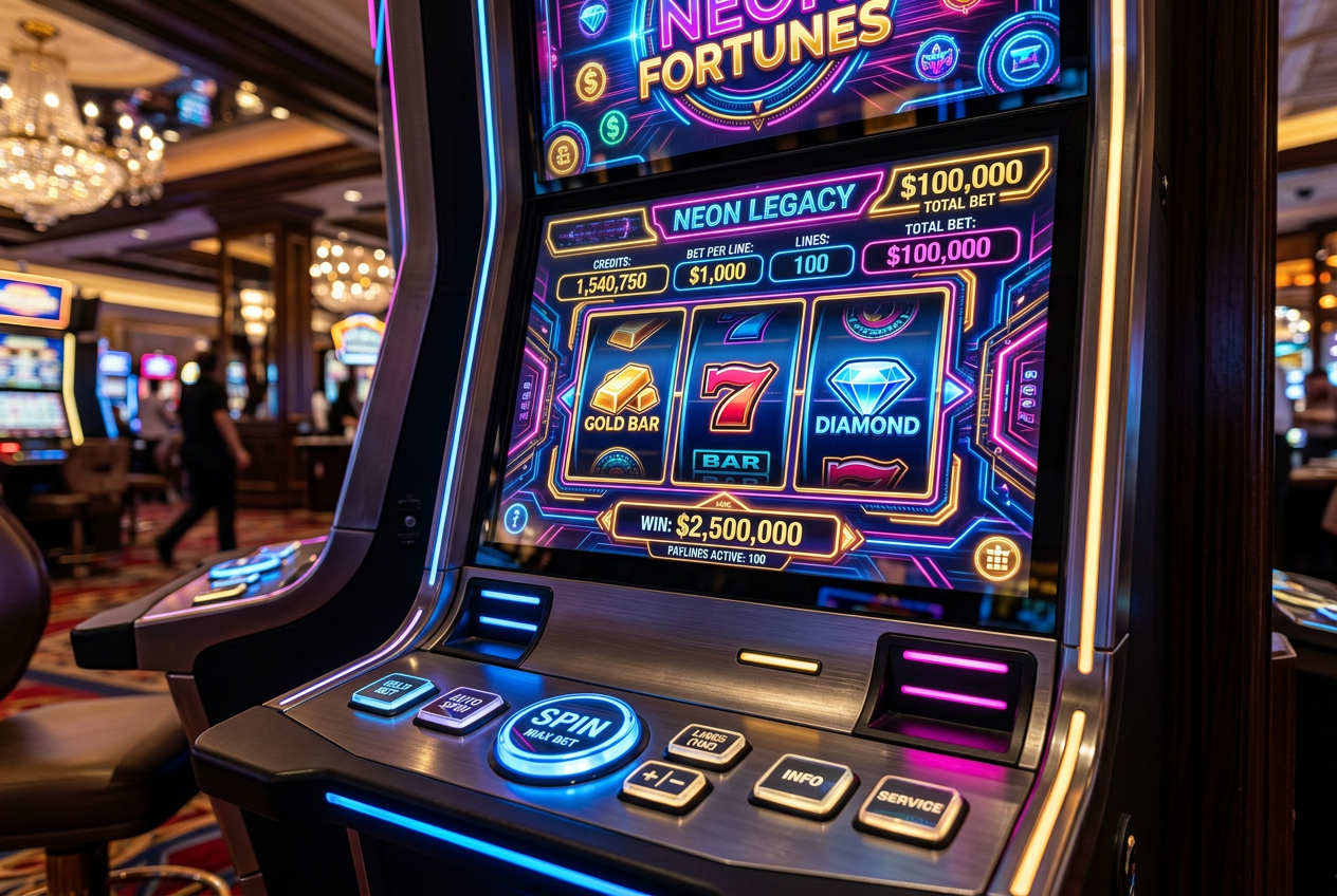 A vibrant digital slot machine display showing high-stakes betting options.